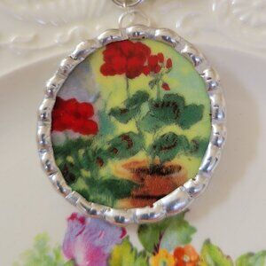 Red Geraniums Watercolor Flowers Broken China Soldered Pendant